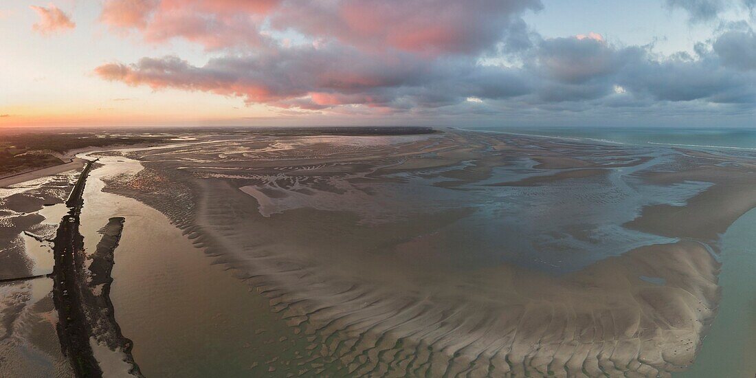 Frankreich,Pas de Calais,Berck sur Mer,Flug über die Bucht von Authie und Berck sur Mer in der Morgendämmerung bei Ebbe (Luftaufnahme)