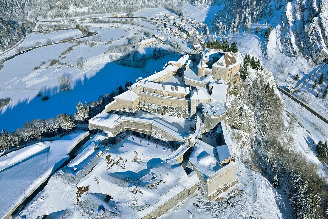 France,Doubs,La Cluse et Mijoux,the fort of Joux (aerial view)