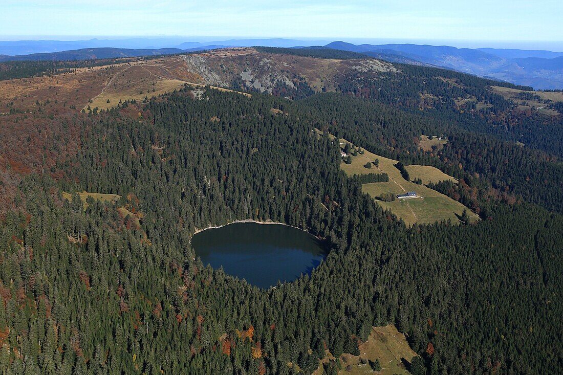 France,Haut Rhin,Lake Green or Lake Soultzeren is a small lake on the Alsatian side of the Vosges in the valley of Munster,It is located at the foot of the Tanet massif (aerial view)
