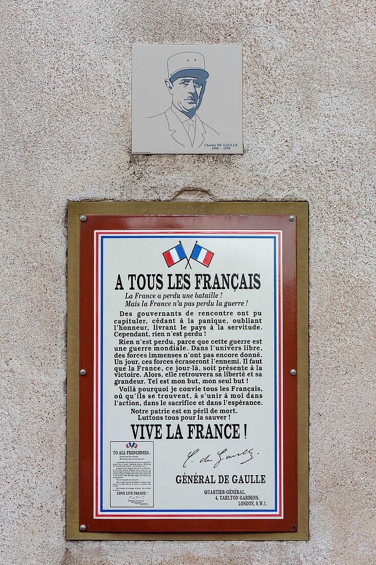 France,Meurthe et Moselle,Toul,plate with the text of the call of General De Gaulle on the 17th of June 1940