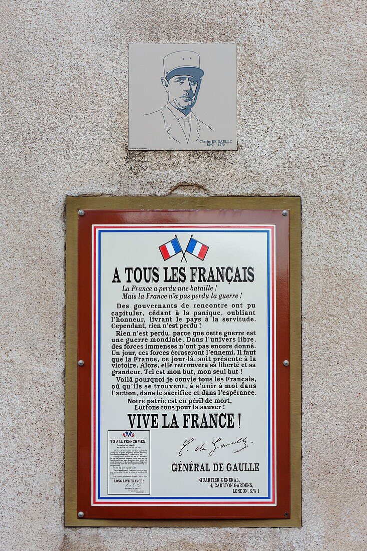 Frankreich,Meurthe et Moselle,Toul,Tafel mit dem Text des Aufrufs von General De Gaulle am 17. Juni 1940