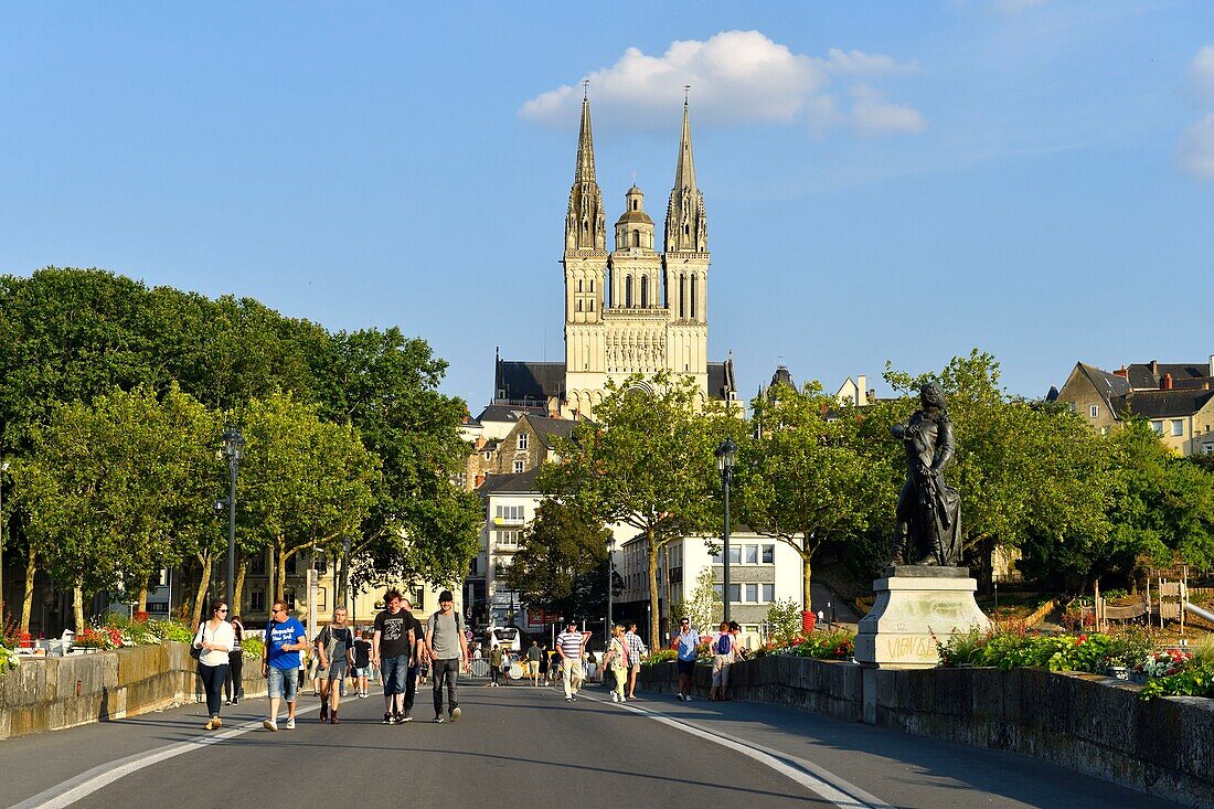 France,Maine et Loire,Angers,Beaurepaire statue on Verdun bridge over the Maine river and Saint Maurice cathedral