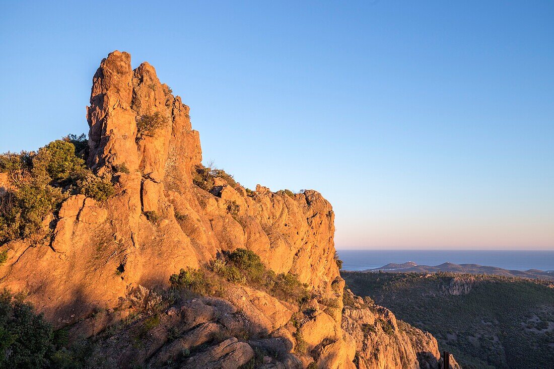 France,Var,Frejus,Esterel massif,red rhyolite rock cliffs of volcanic origin,at the bottom the cap of Dramont