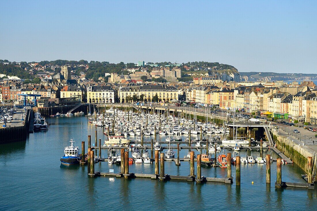 France,Seine Maritime,Pays de Caux,Cote d'Albatre,Dieppe,the Harbour with Saint Jacques church from the 13th century and the castle museum