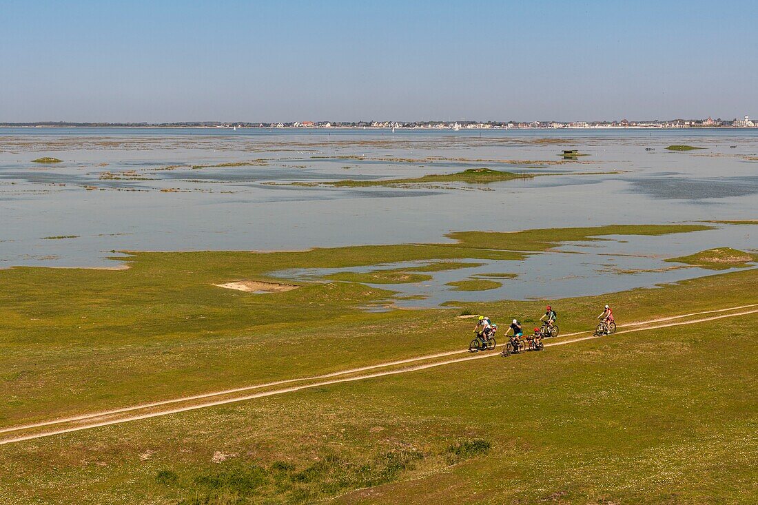 Frankreich,Somme,Baie de Somme,Saint Valery sur Somme,Cape Hornu,Hochwasser,das Meer dringt in die Wiesen und schwimmenden Jagdhütten zurück,die Vögel (Reiher,Löffler,...) kommen um die Fische zu fangen,die in den Teichen gefangen sind,während die Spaziergänger von dem Schauspiel profitieren