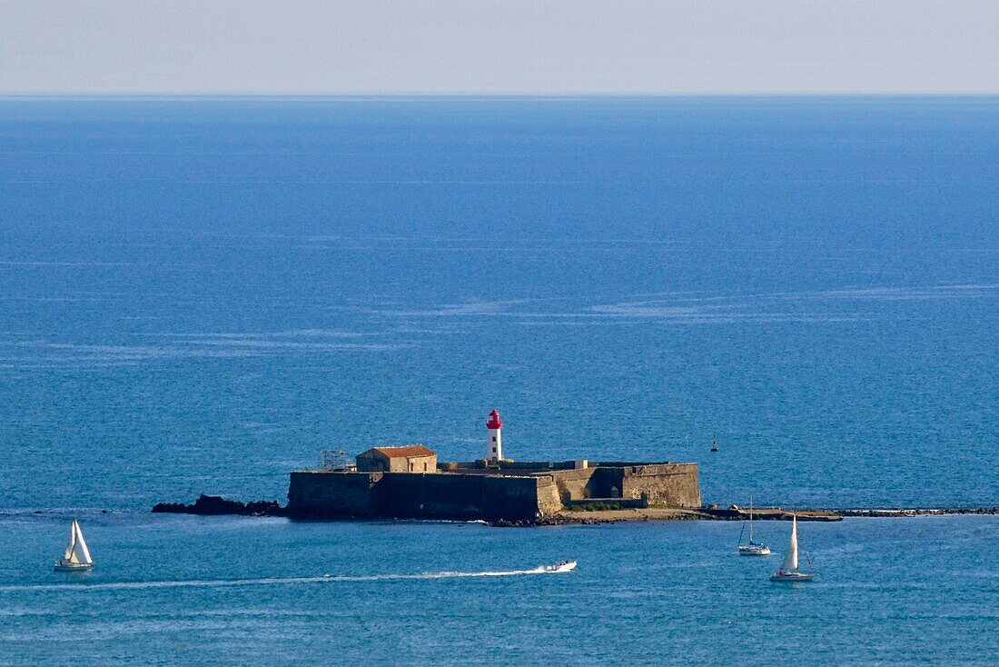 France,Herault,Agde,Cape of Agde,Fort of Brescou seen from Mont Saint-Loup