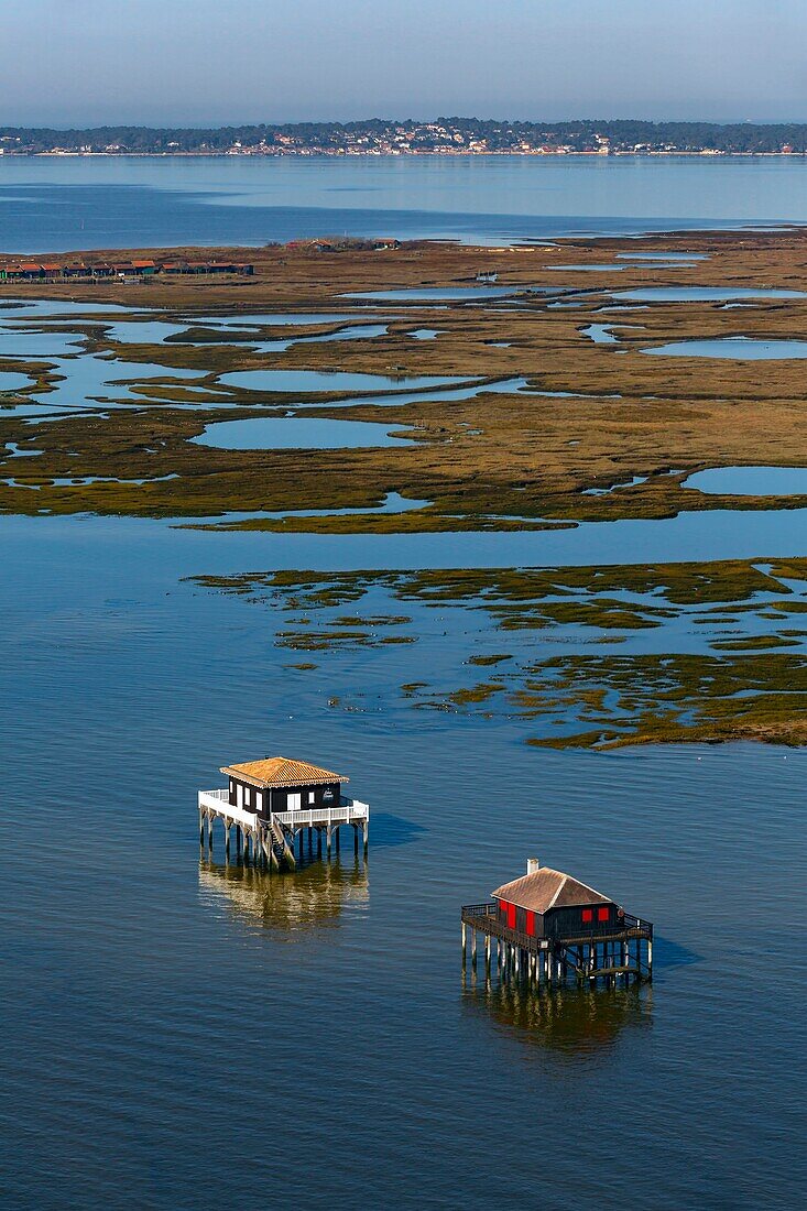 France,Gironde,Bassin d'Arcachon,La Teste de Buch,Ile aux Oiseaux,the Tchanques huts (aerial view)