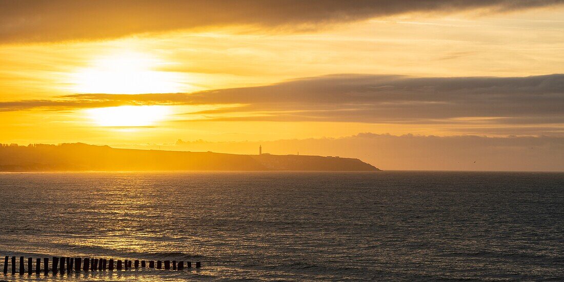 France,Pas de Calais,Opal Coast,Wissant,view of Gris Nez Cape and breakwater poles at dusk