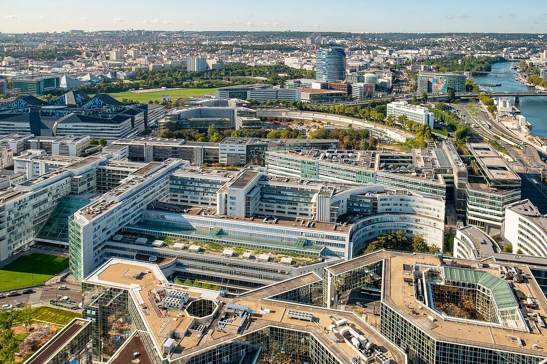 France,Paris (75),the European hospital Georges-Pomidou in the foreground and the new building of the Ministry of Defense called Hexagone Balard,opened in 2015 (aerial view)