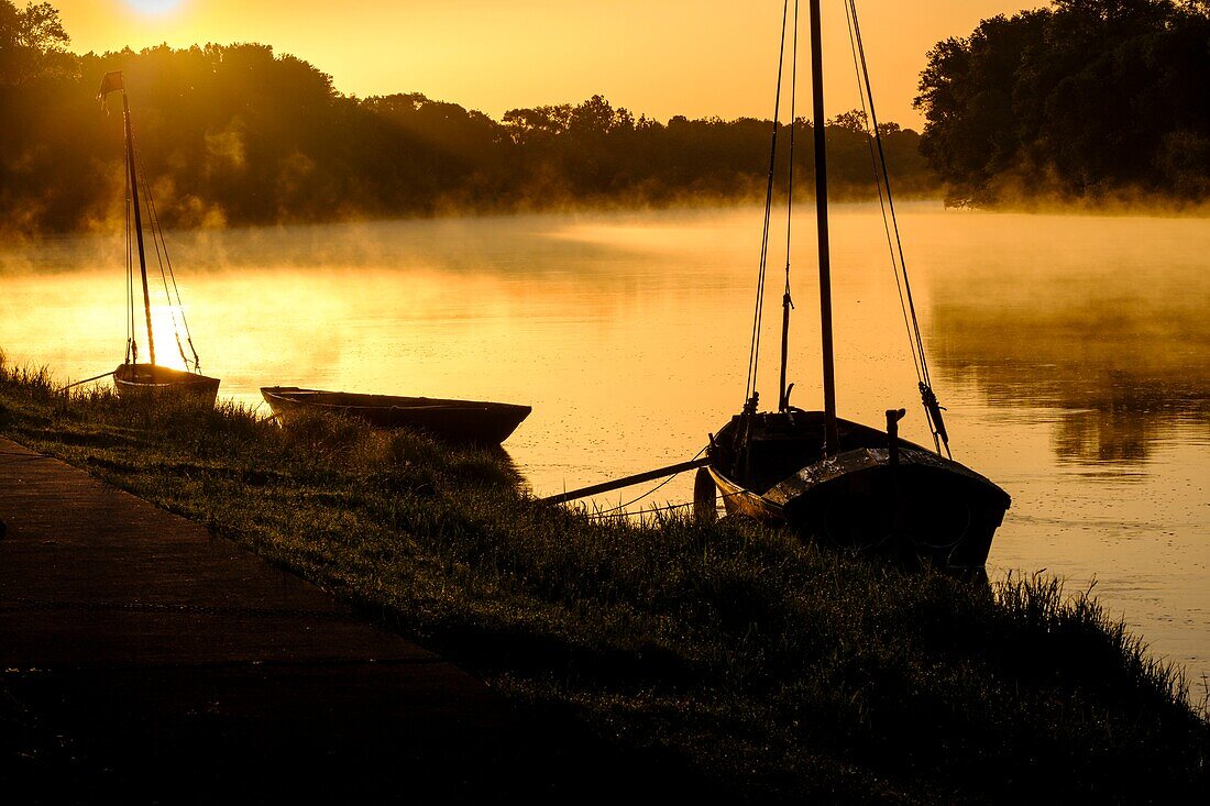 Frankreich,Indre et Loire,Loire-Tal als Weltkulturerbe der UNESCO,Chouze sur Loire,Kai entlang der Loire,traditionelle Boote der Loire