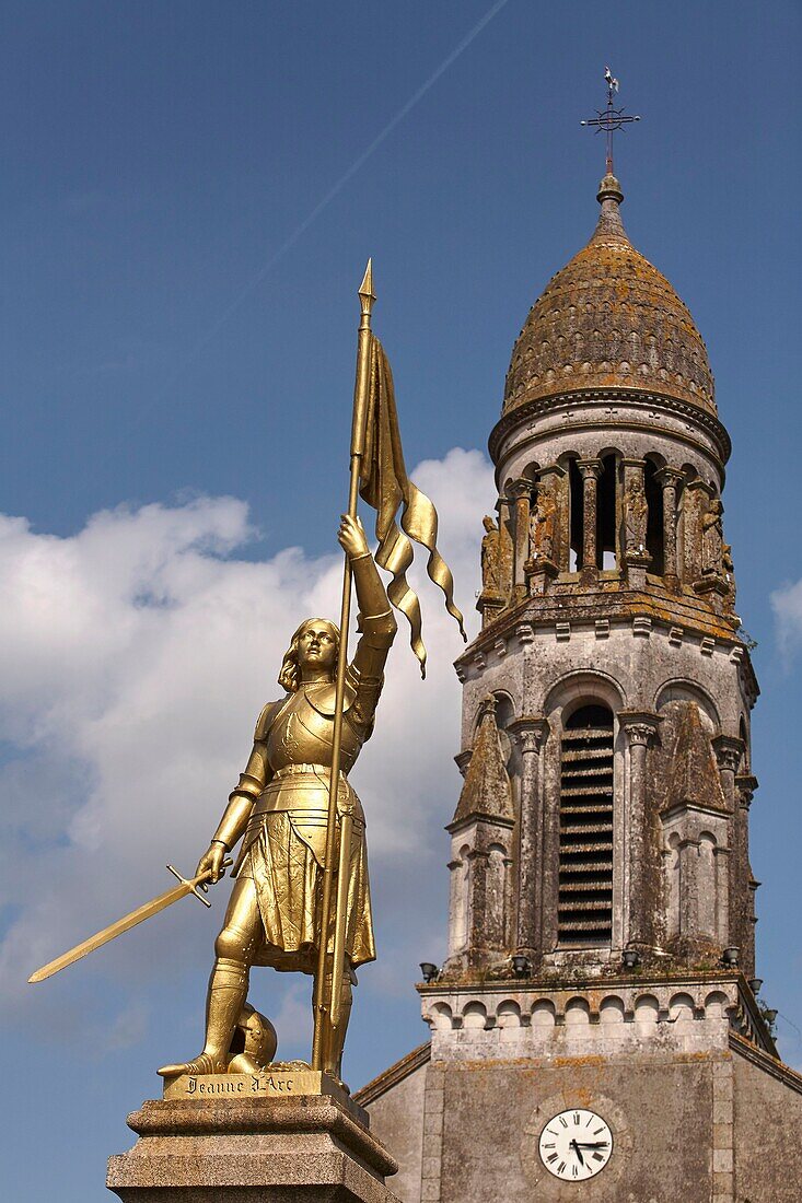France,Vendee,Saint Martin des Tilleuls,Bell tower of St. Martin and Joan of Arc statue