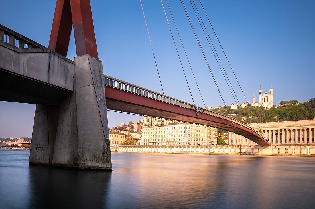 France,Rhone,Lyon,historic district listed as a UNESCO World Heritage site,banks of the Saone river,courthouse footbridge and Notre-Dame de Fourviere basilica in the background