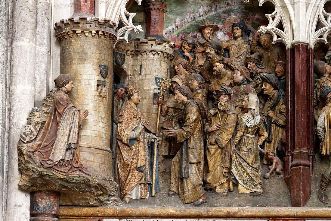 France,Somme,Amiens,Notre-Dame cathedral,jewel of the Gothic art,listed as World Heritage by UNESCO,the southern end of the choir,high relief of Saint Firmin's life
