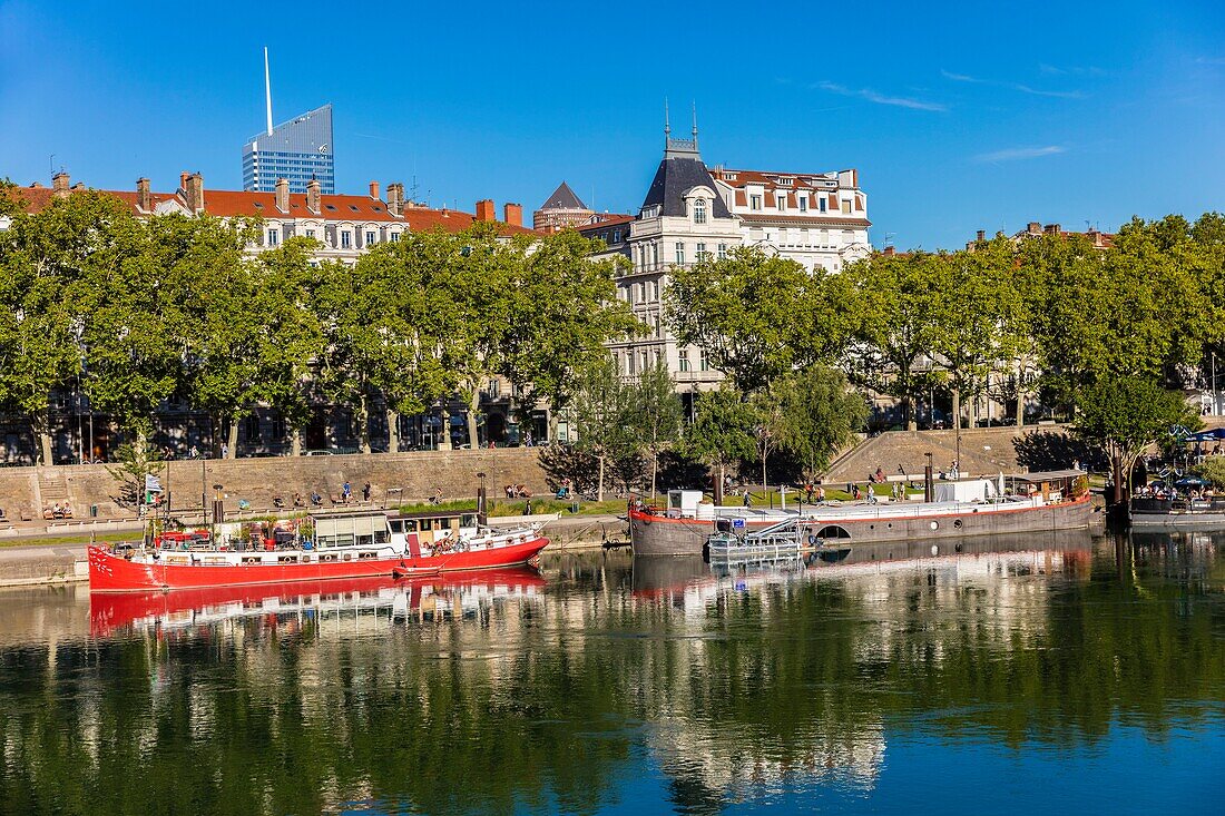 France,Rhone,Lyon,historical site listed as World Heritage by UNESCO,dock Général Sarrail,Rhone River banks with a view of the Incity tower and the tip of the Pencil