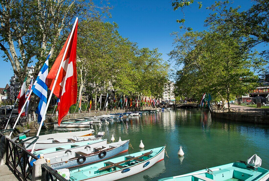 France,Haute Savoie,Annecy,the Vasse canal borders the Paquier esplanade in the colors of the international festival of animated film