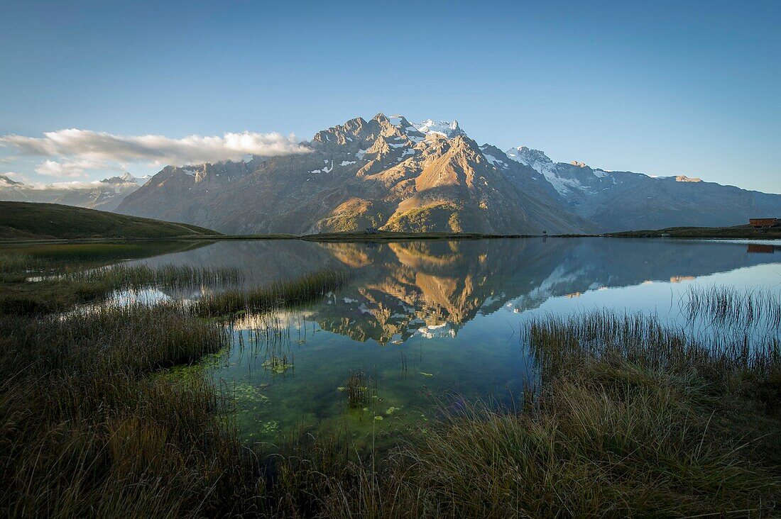 France,Hautes Alpes,The massive Grave of Oisans,Lake Pontet mirror of the Meije at sunrise