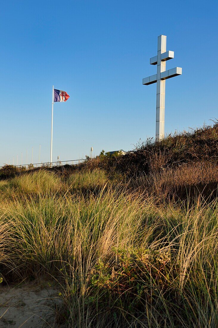 France,Calvados,Courseulles sur Mer,Juno Beach,Cross of Lorraine commemorating the return of General de Gaulle on French soil on June 14,1944