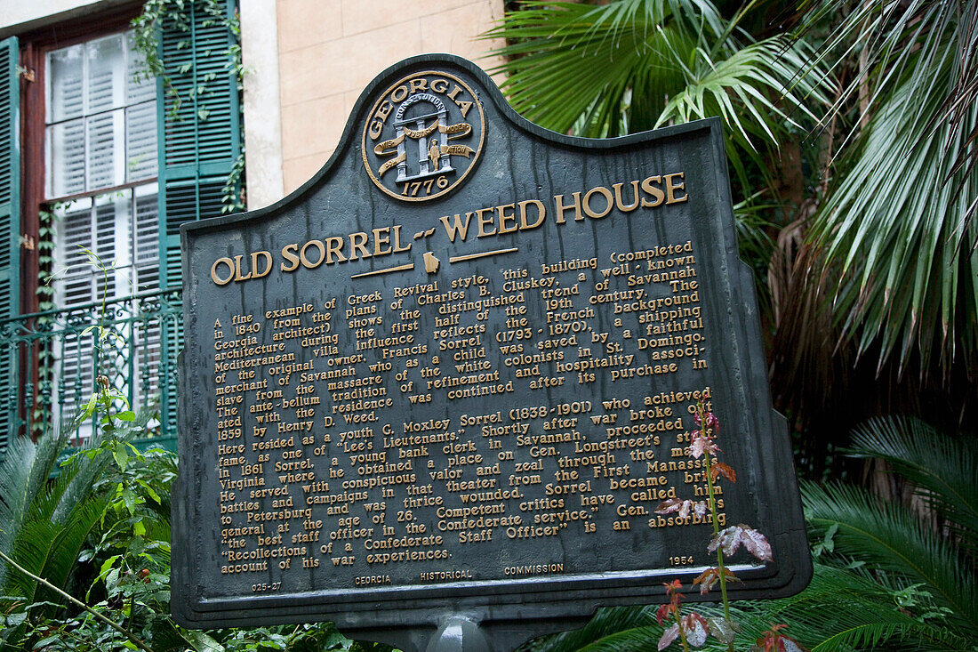 Usa,Georgia,Informationsschild am Sorrel Weed House,Savannah