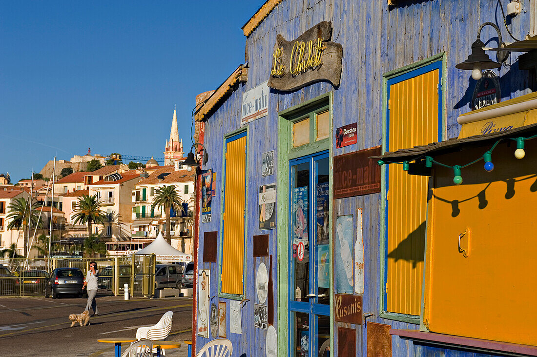 Colourful and weather beaten cafe 'Le Chalet' at Calvi. The Balagne district. Corsica. France