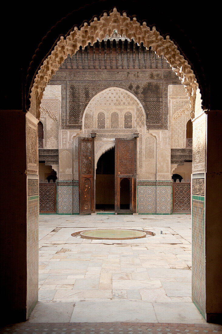 Morocco,Detail of courtyard of Medersa Bou Inania,Fez