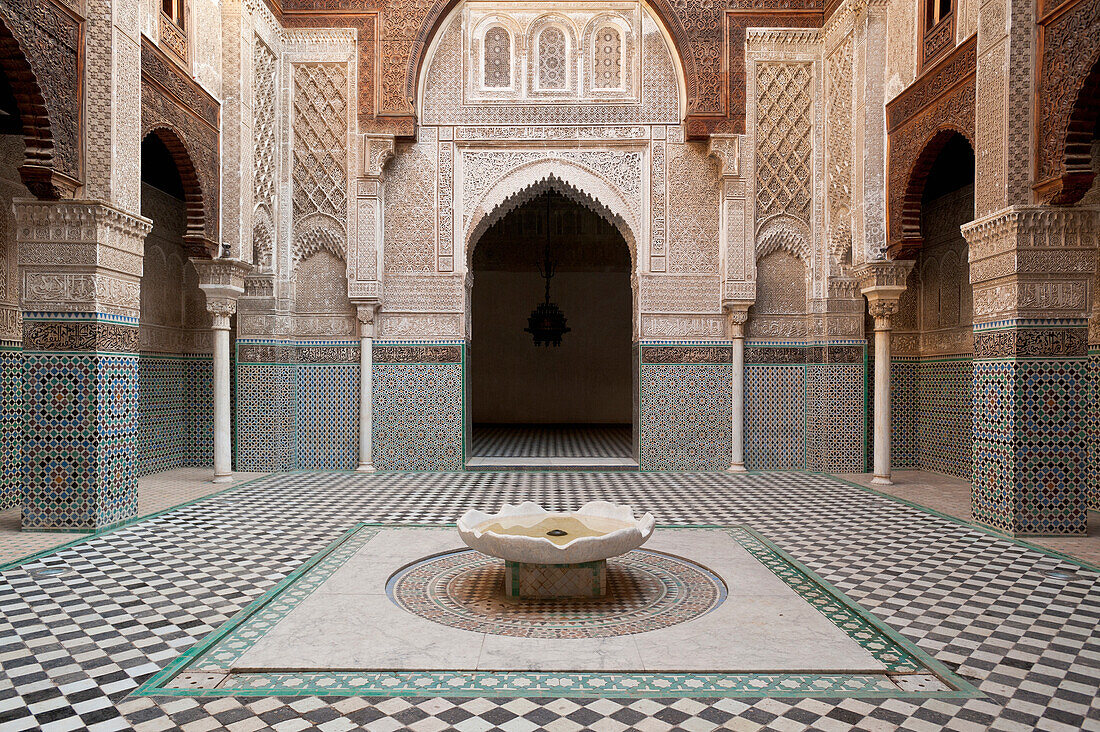 Morocco,Courtyard of Medersa el Attarin in medina,Fez