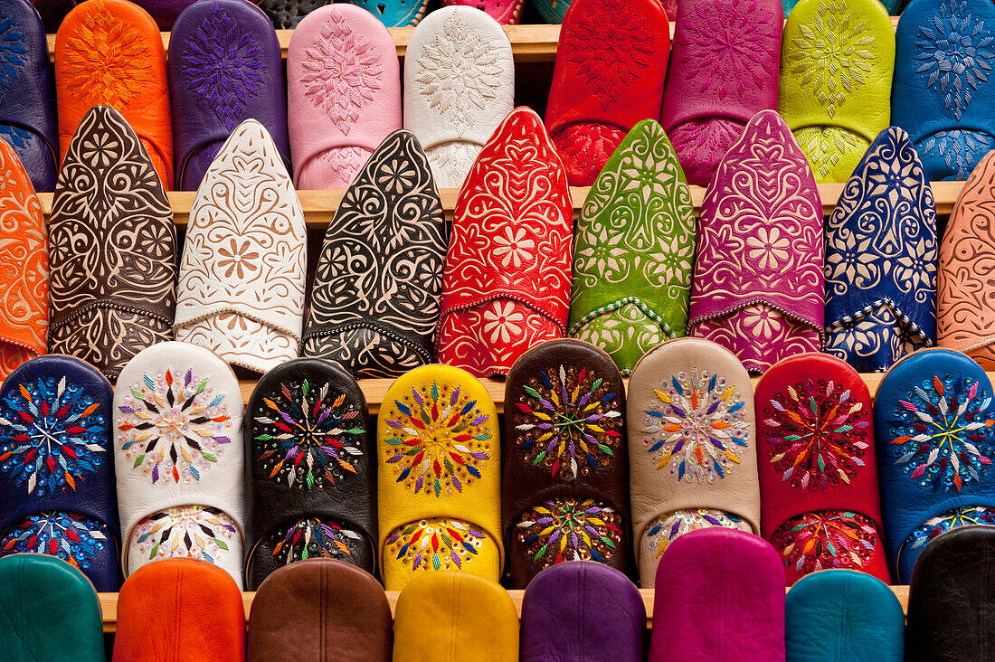 Morocco,Babouche slippers for sale in shop in souks,Fez
