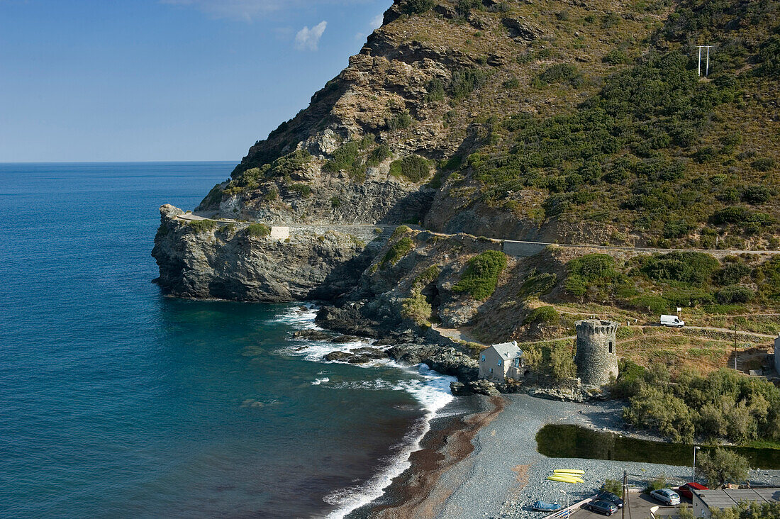 Tour d'Albo and Plage d'Albo. Cap Corse region. Corsica. France