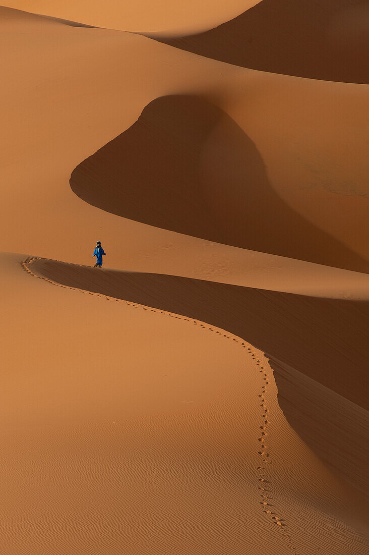 Morocco,Berber 'Blue man' walking across sand dunes in Erg Chebbi area,Sahara Desert near Merzouga