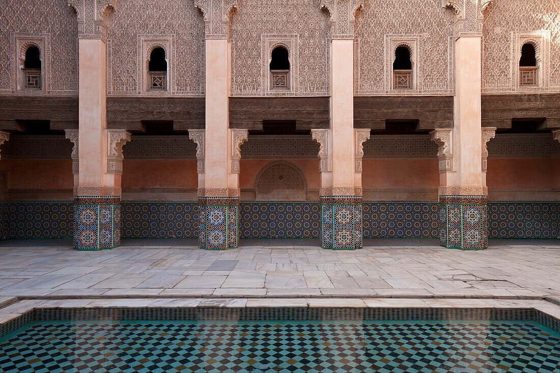 Morocco,Pool in courtyard of Ben Youssef Medersa,Marrakesh