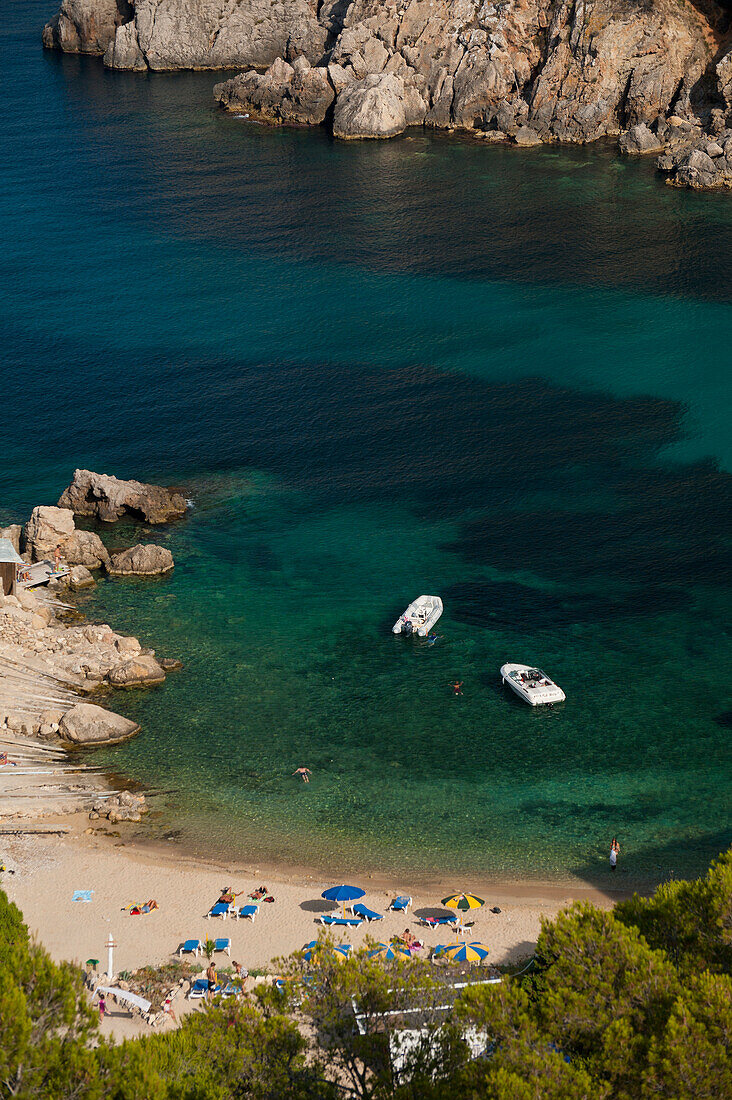 Spain,Looking down onto Cala d'en Serra beach,Ibiza