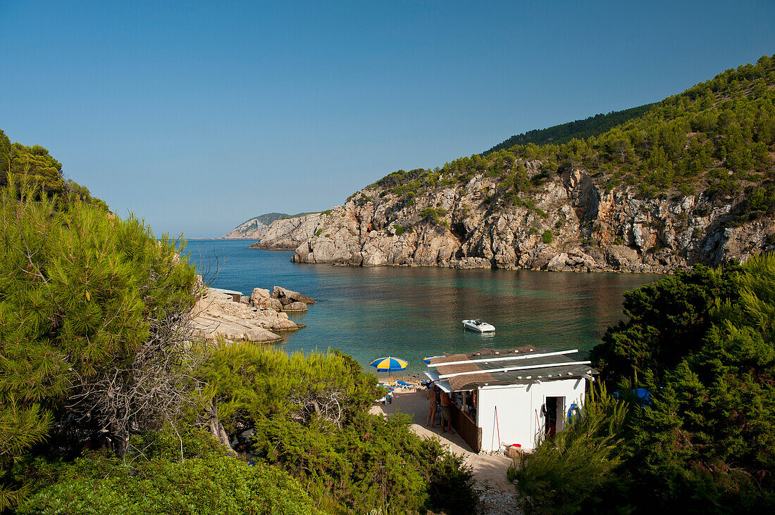 Spain,Beach bar on Cala d'en Serra beach,Ibiza