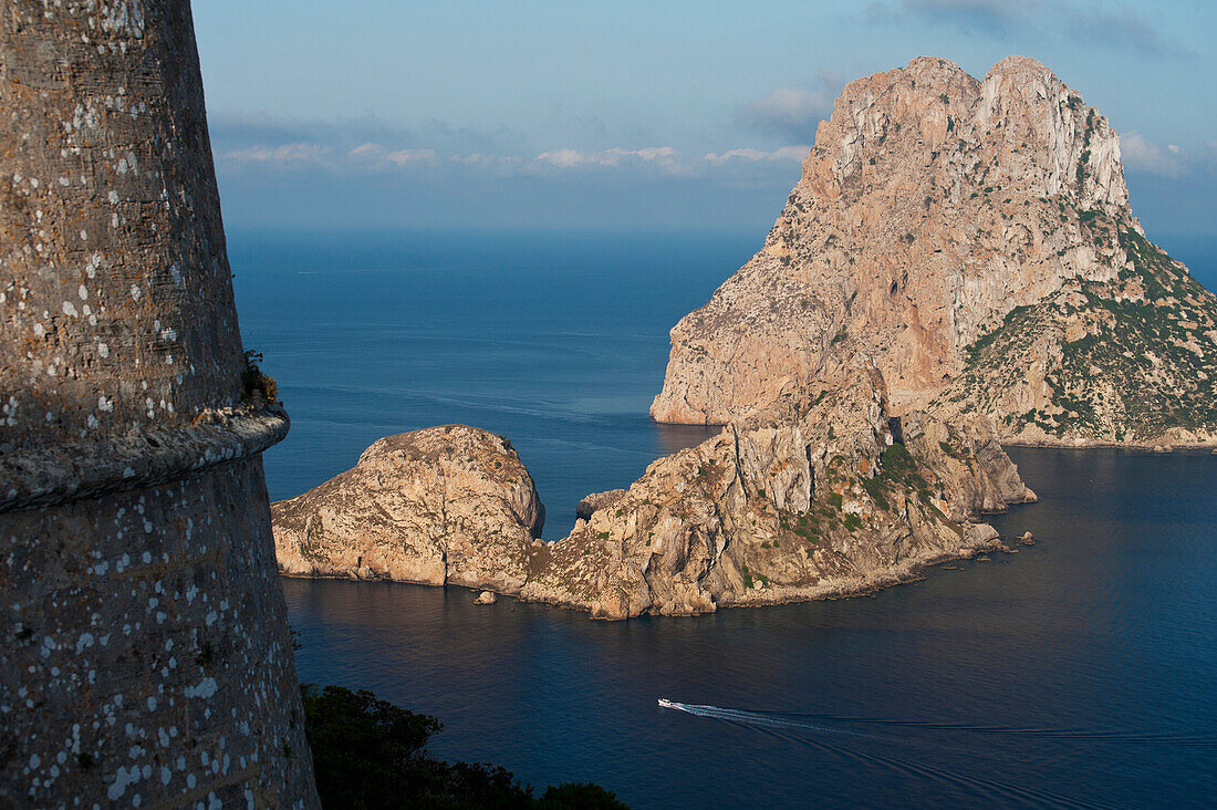 Spain,Torre des Savinar and Es Vedra island at dawn,Ibiza