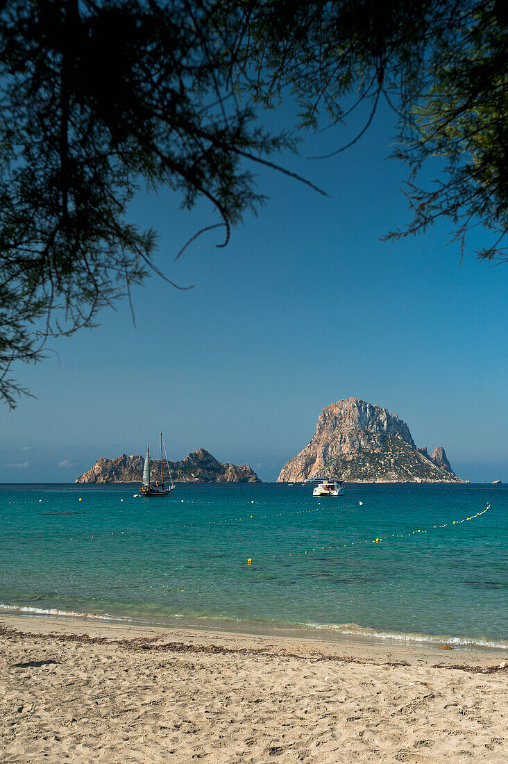 Spain,Cala D'Hort beach with Es Vedra Island behind,Ibiza