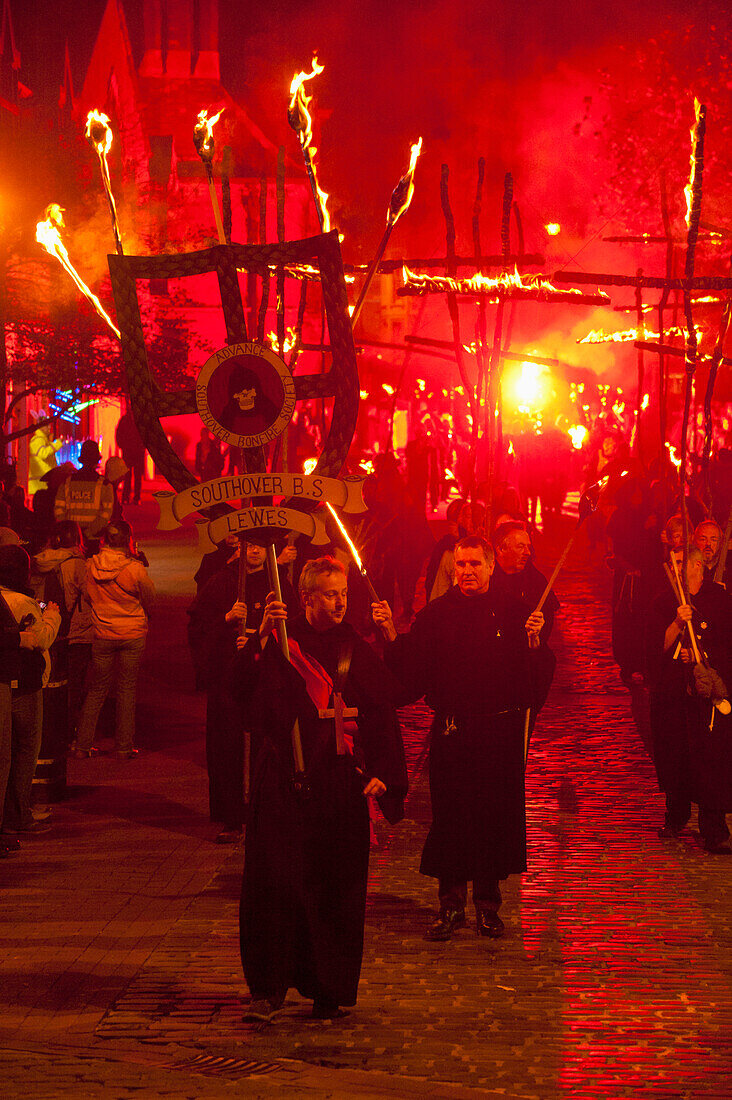 UK,England,East Sussex,Southover Bonfire Society marching in procession on Bonfire night,Lewes