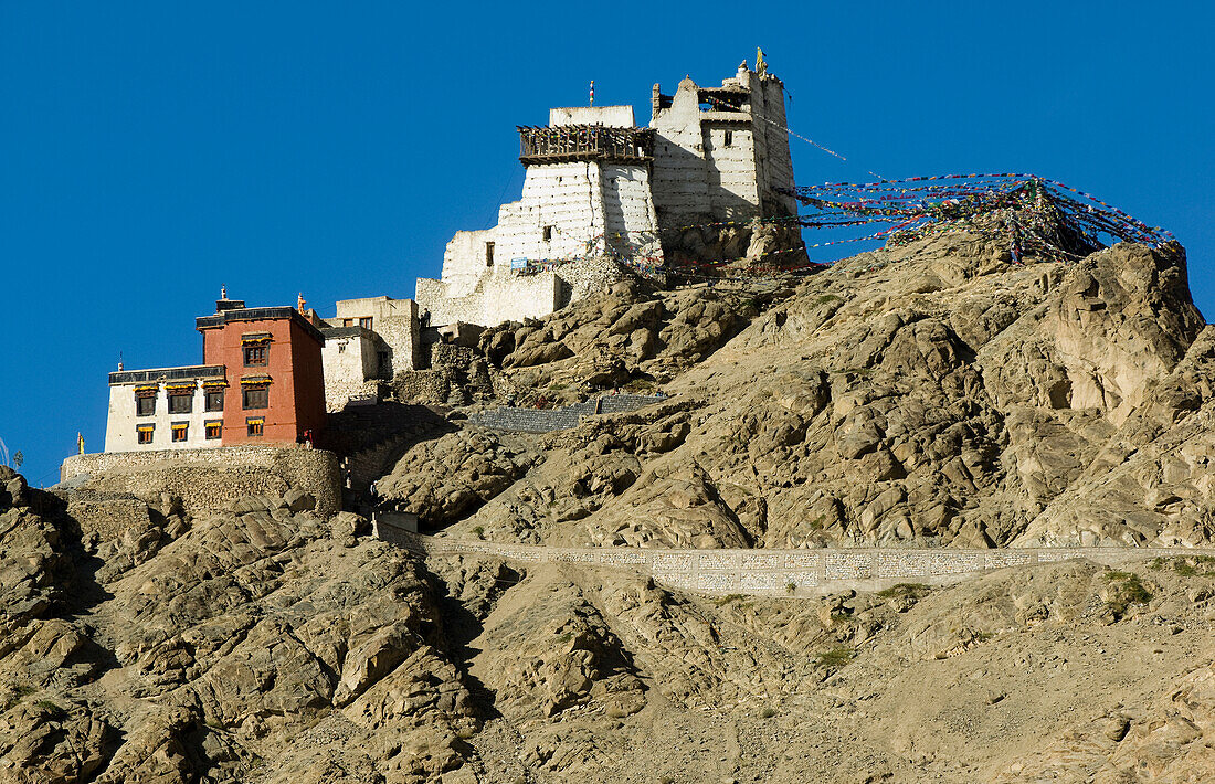 Namgyal Tsemo Gompa,Buddhist monastery. Leh was the capital of the Himalayan kingdom of Ladakh,now the Leh District in the state of Jammu and Kashmir,India. Leh is at an altitude of 3,500 meters (11,483 ft).