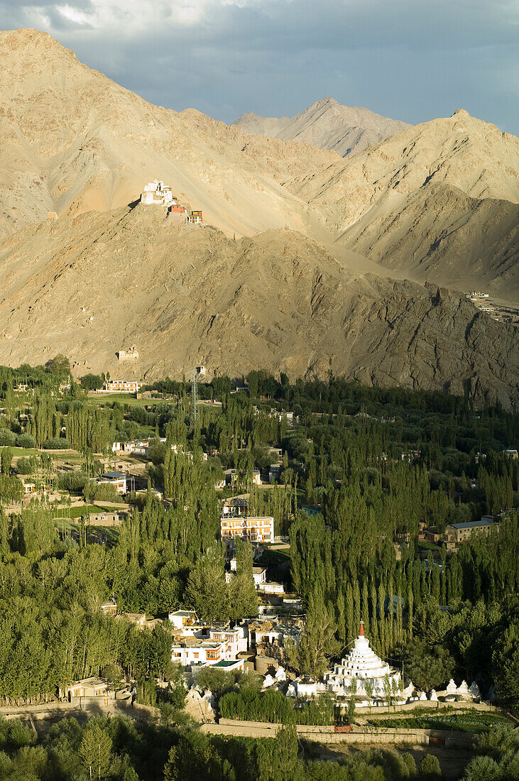 Soma Gompa im Vordergrund und Namgyal Tsemo Gompa und Fort auf dem Hügel dahinter in Leh. Leh war die Hauptstadt des Himalaya-Königreichs Ladakh, das heute zum Distrikt Leh im indischen Bundesstaat Jammu und Kaschmir gehört. Leh liegt auf einer Höhe von 3.500 Metern (11.483