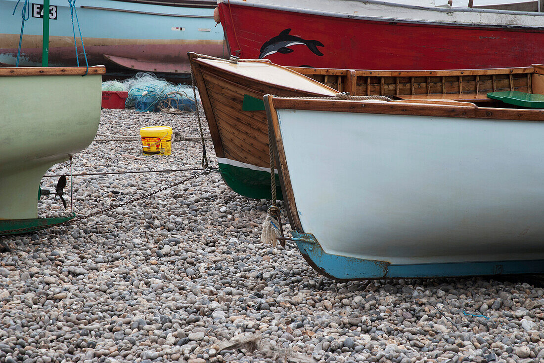 Uk,Boats On Pebble Beach,Devon