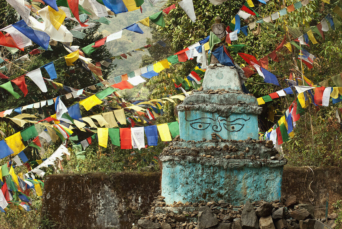 India,West Sikkim,Powder blue stupa with Buddha eyes at Kecheopalri Lake. It is a small replica of the Boudanath stupa outside Kathmandu in Nepal,Kecheopalri Lake