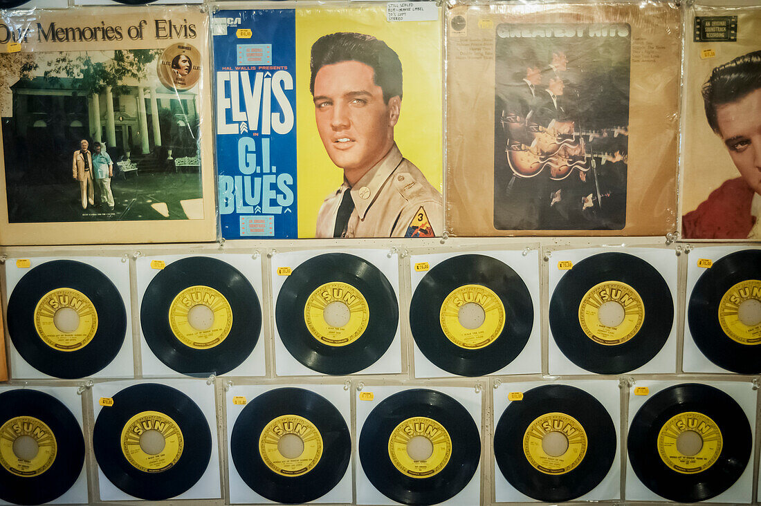 USA,Tennessee,Sun Studio interior with collection of Elvis vinyls,Memphis