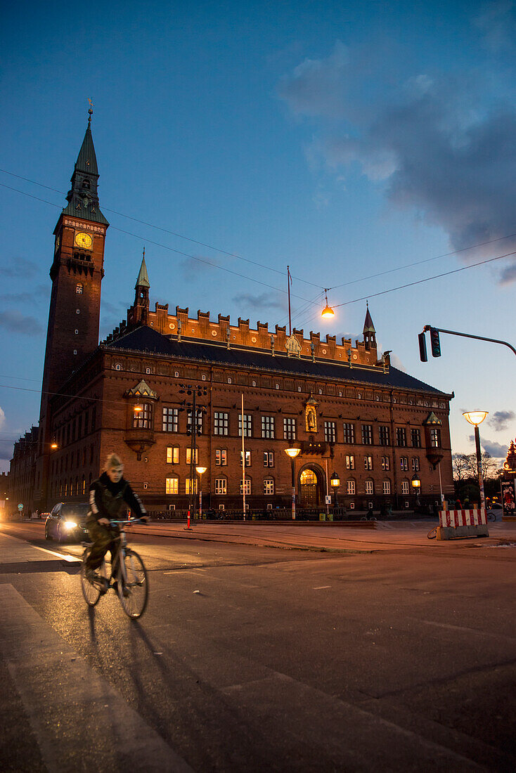 Denmark,View of city hall and square at dusk,Copenhagen