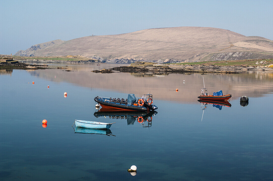 UK,Ireland,County Kerry,Iveragh Peninsula,Portmagee,Boats mooring in tranquil water