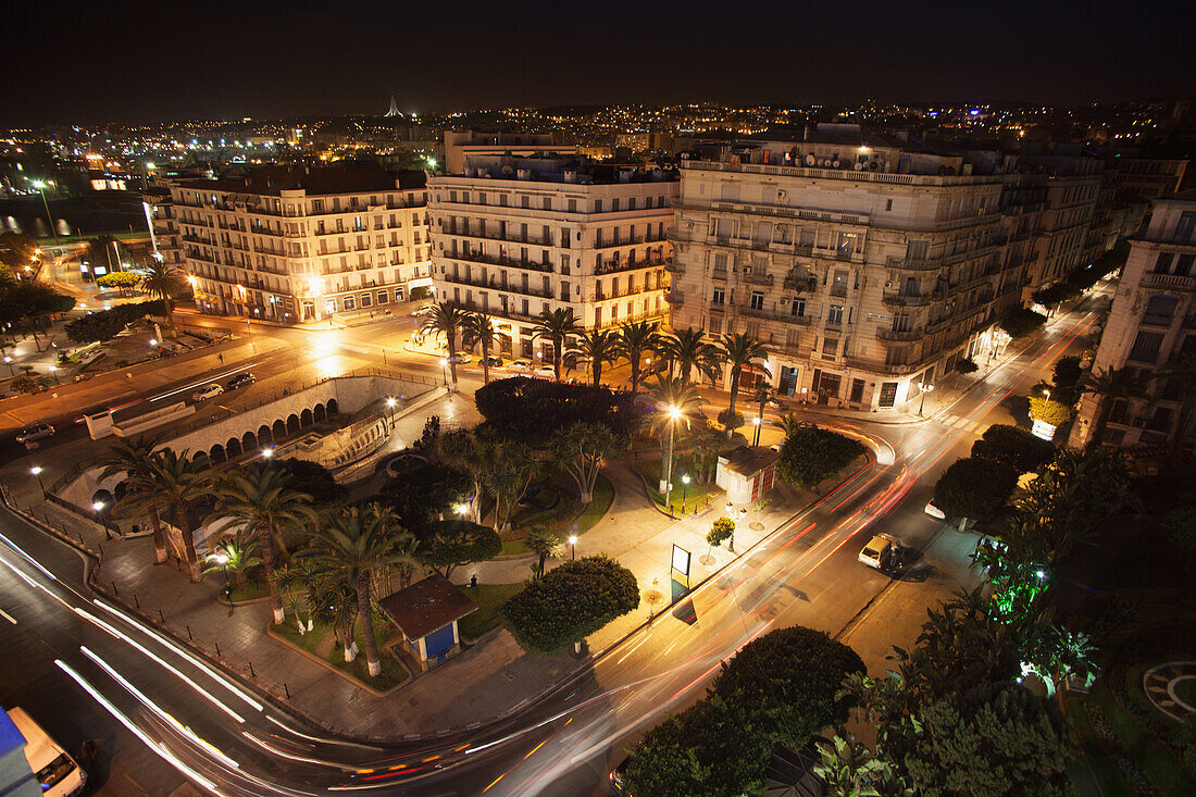 Algeria,Night view of city and port from Place de la Grande Poste (with Martyr's Monument on skyline),Algiers