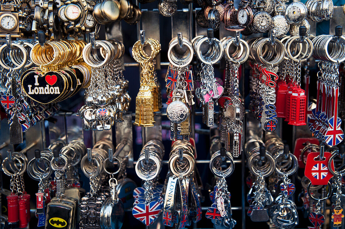 UK,England,Camden,London,Souvenir key rings for sale in Camden Market