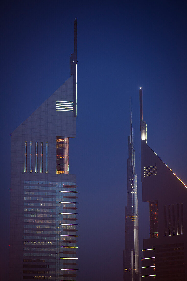Skyscrapers At Dusk,Emirates Towers,Burj Khalif,Dubai,United Arab Emirates