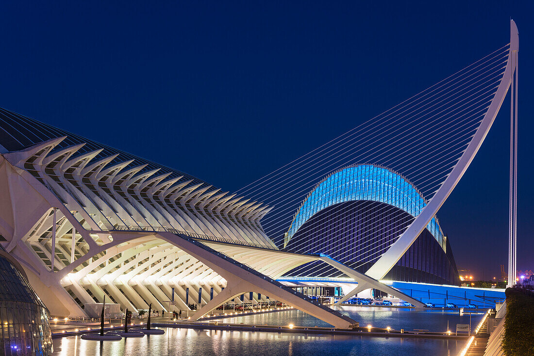 El Museu De Les Ciencies Principe Felipe mit El Pont De L'assut De L'or und L'agora auf der rechten Seite in der Stadt der Künste und Wissenschaften, Valencia, Spanien