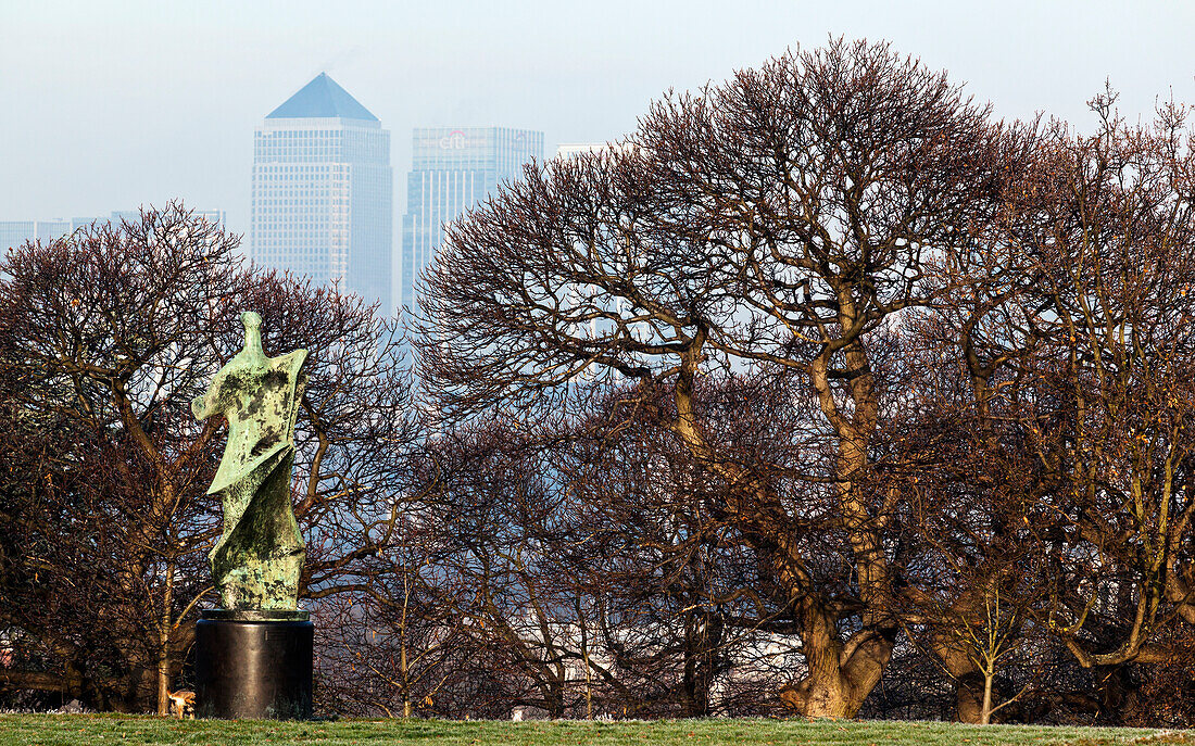 Henry Moore Statue And Canary Wharf From Greenwich Park,Greenwich,London,England,Uk