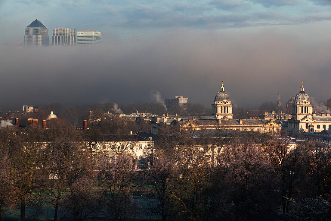 Wintermorgen über dem Old Royal Naval College, Greenwich, London, England, Großbritannien