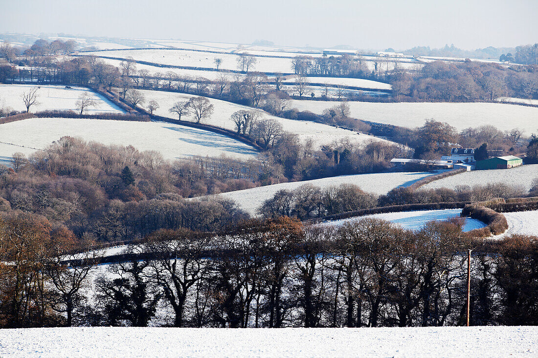 Schneebedeckte Felder, Nord-Devon, England, Großbritannien