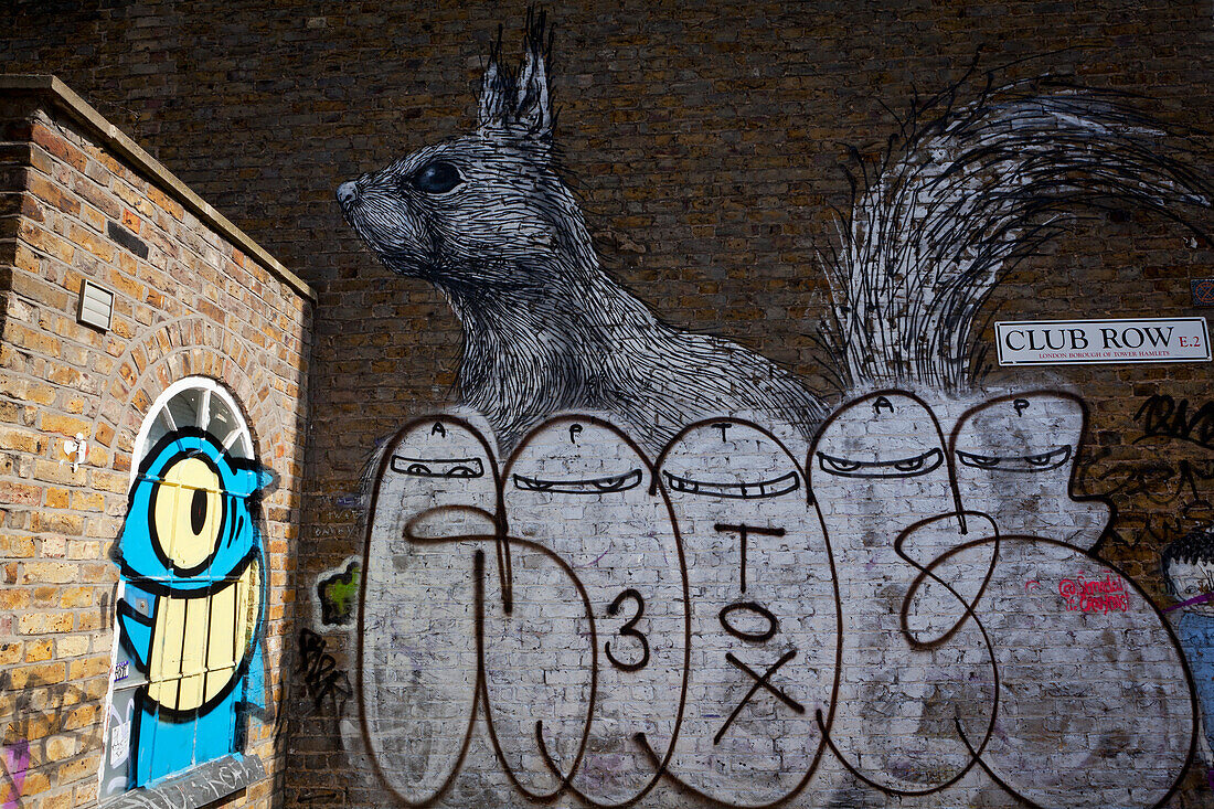 Straßenkunst in der Redchurch Street, Shoreditch, London, England, Großbritannien