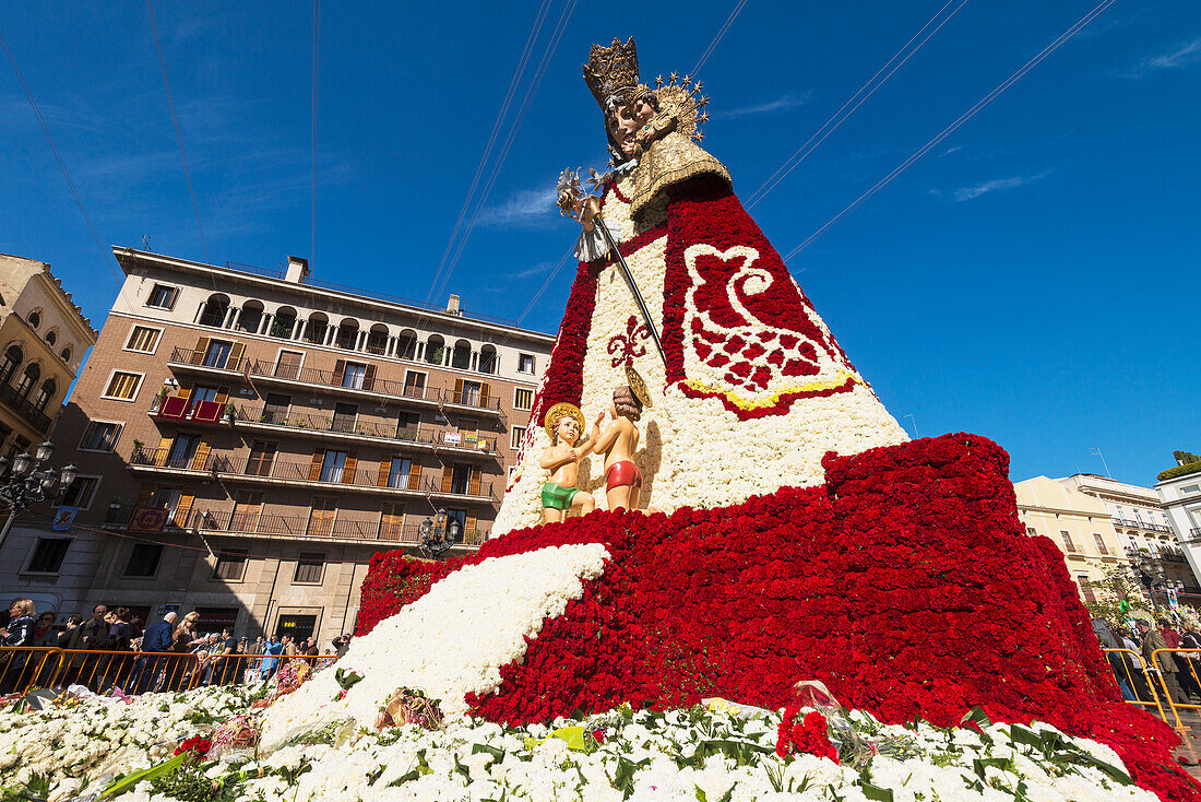 Upward View Of Virgin De Los Desamparados (Holy Virgin Of Lonely And Homeless.) During Fallas Festival,Valencia,Spain